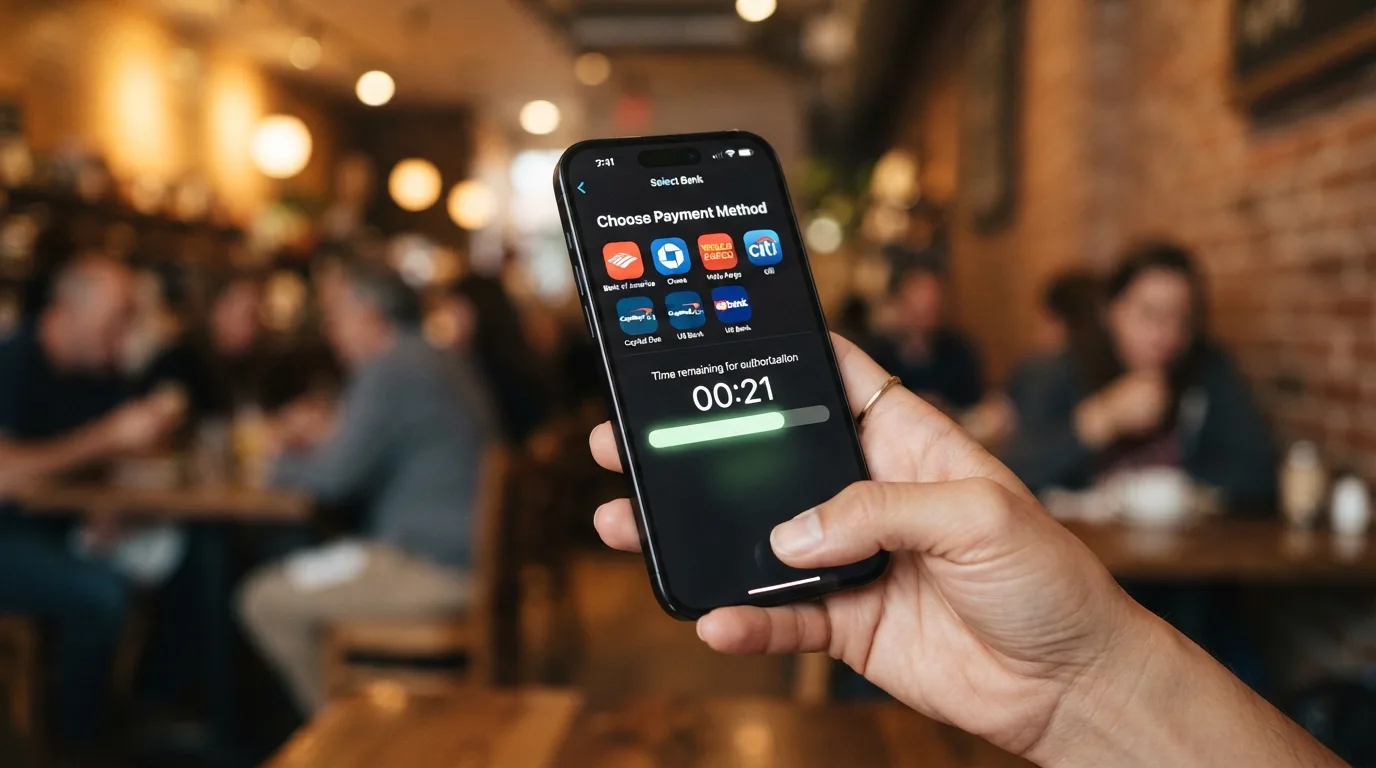 Betaalscherm met een bankkeuze en een timer die de stortingstijd telt