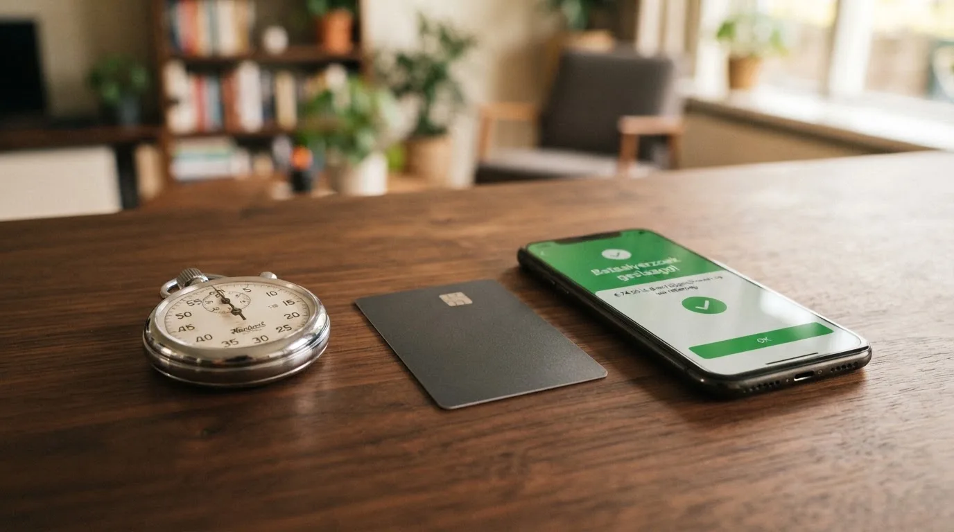 Een stopwatch naast een bankpas en een smartphone met een bevestigingsmelding