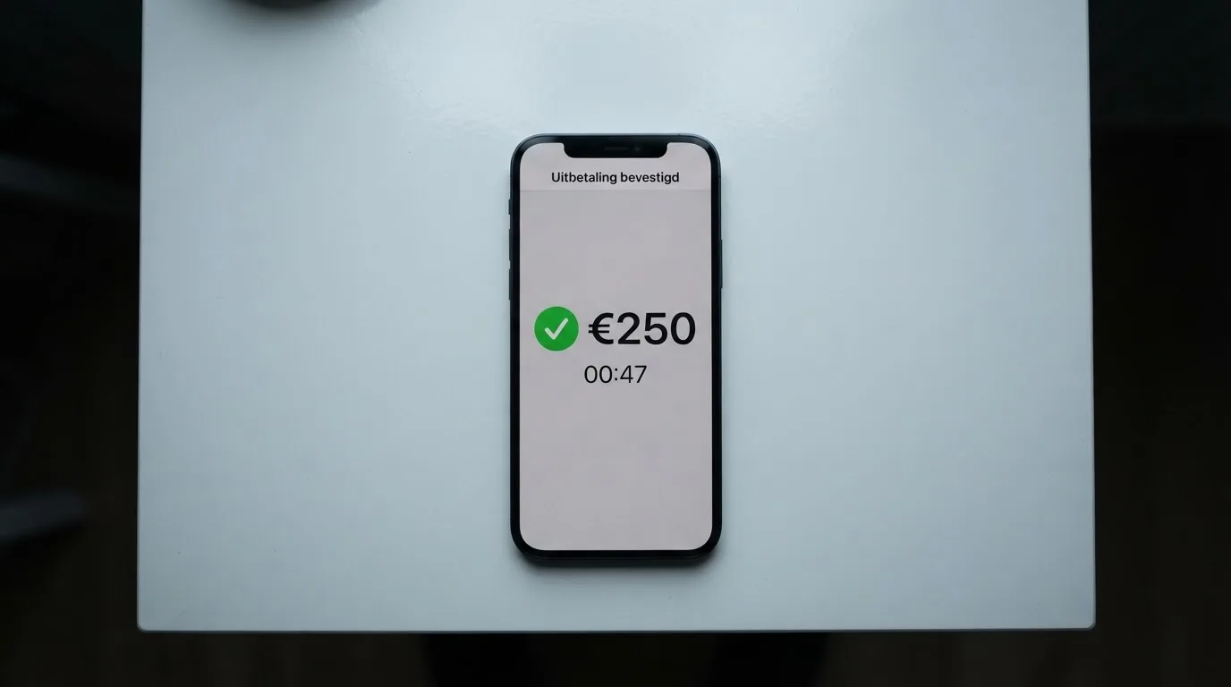 Scherm van een online casino met een bevestigde uitbetaling en een timer die onder de minuut staat