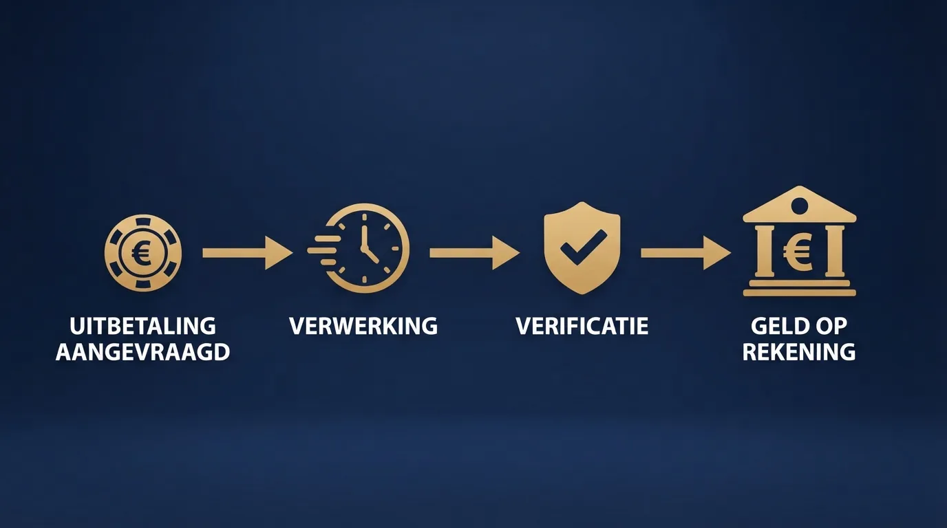 Een tijdlijn die een uitbetaling van een casino naar een bankrekening toont, met stappen van verwerking tot bijschrijving.