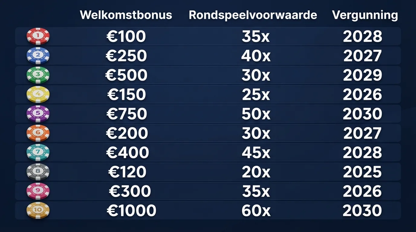 Vergelijkingstabel met kolommen voor bonus en vergunning van tien casino's